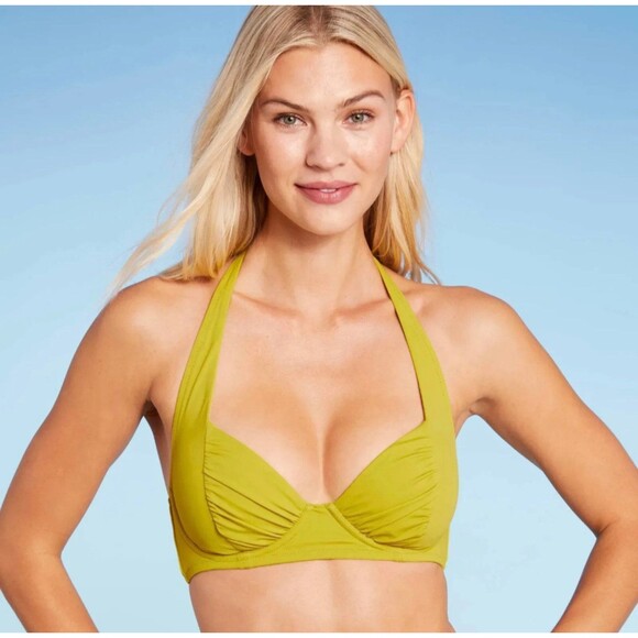 Women's Shade Shore Shirred Cup Halter Bikini Top Chartreuse 36B - Picture 2 of 5